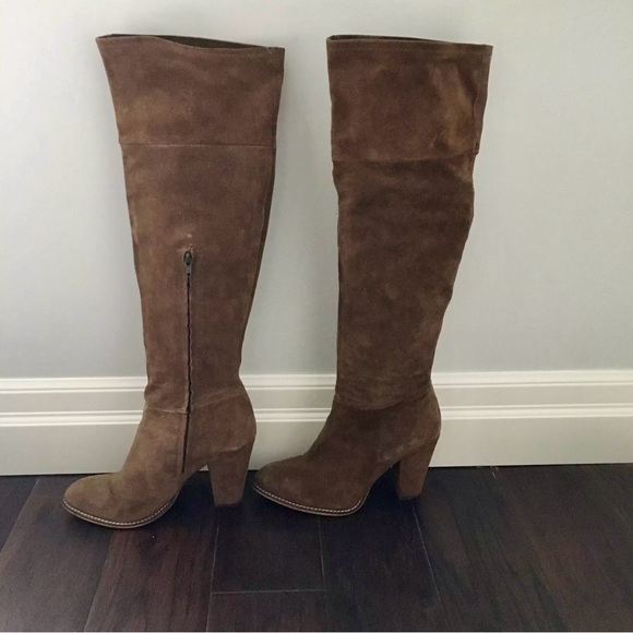 Zara Woman Leather Suede Camel Over Knee Thigh High Fold Heel Boho Boots 38/8 - Picture 6 of 8